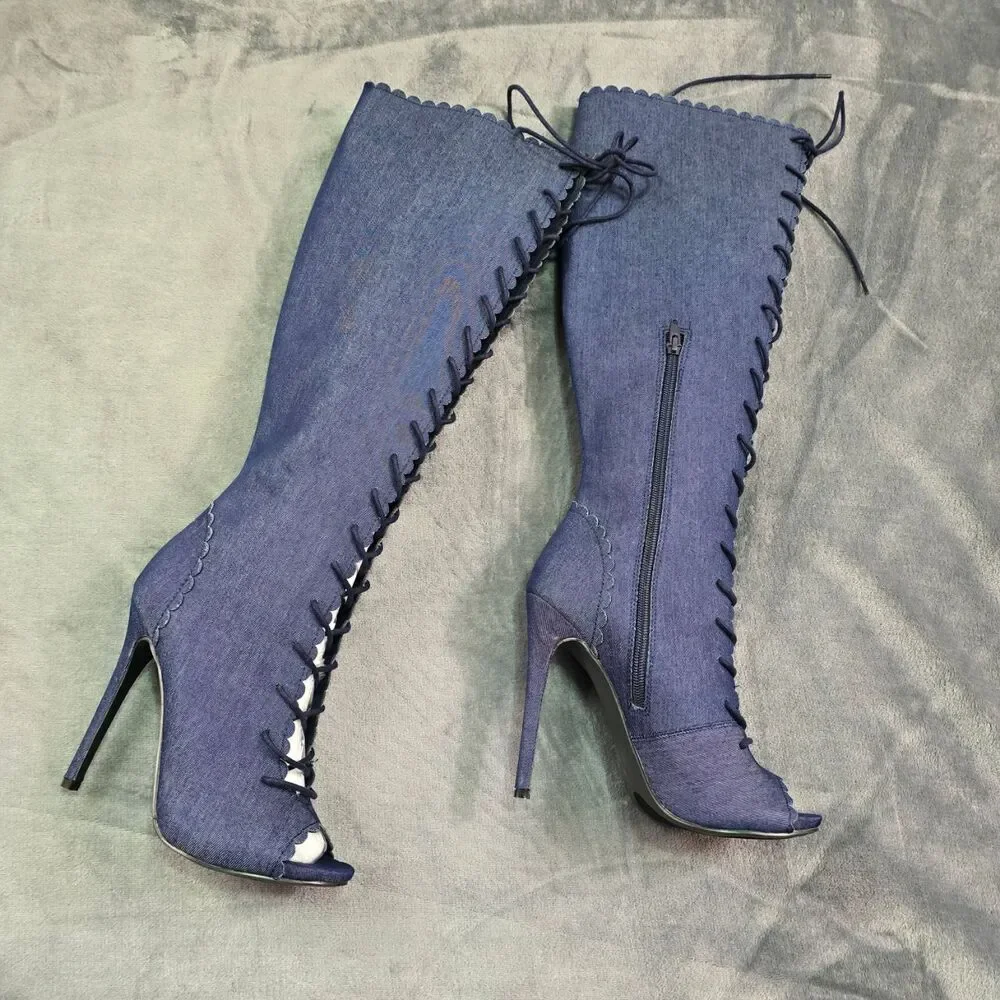 Denim Knee High Boots Size 8.5 | Y2K Festival Statement Heels - Picture 1 of 13